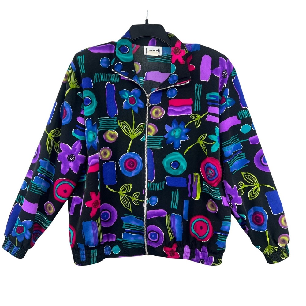 Teddi Vintage 90s Abstract Floral Full Zip Bomber Jacket Artsy Size L Retro